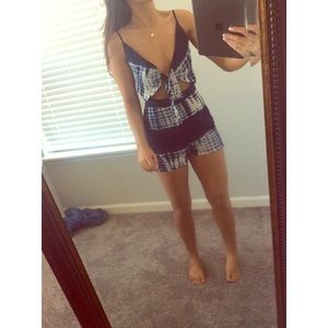 Navy tie-dye romper with tie-front keyhole